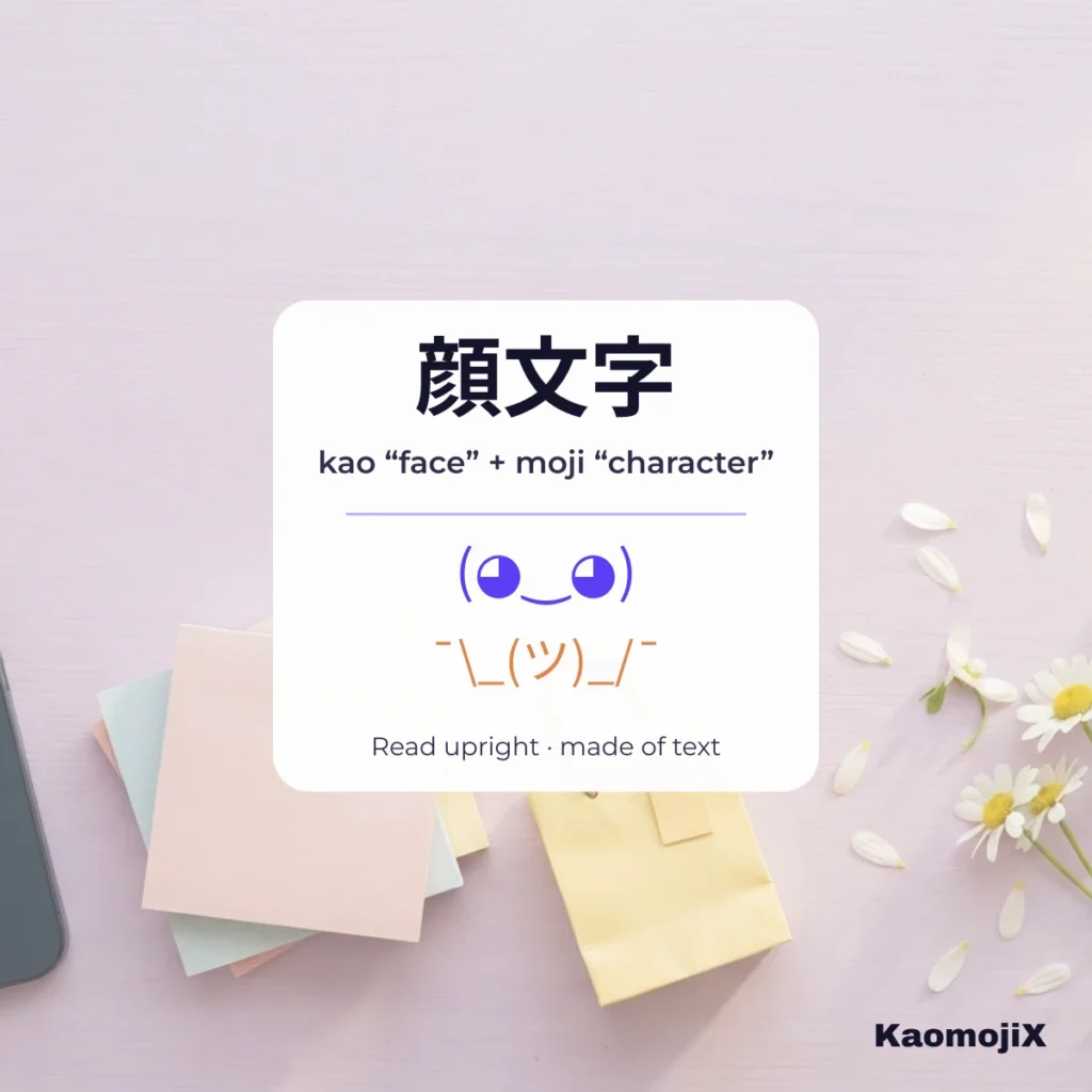 Kaomoji 顔文字 meaning: kao face plus moji character, with (◕‿◕) and shrug examples