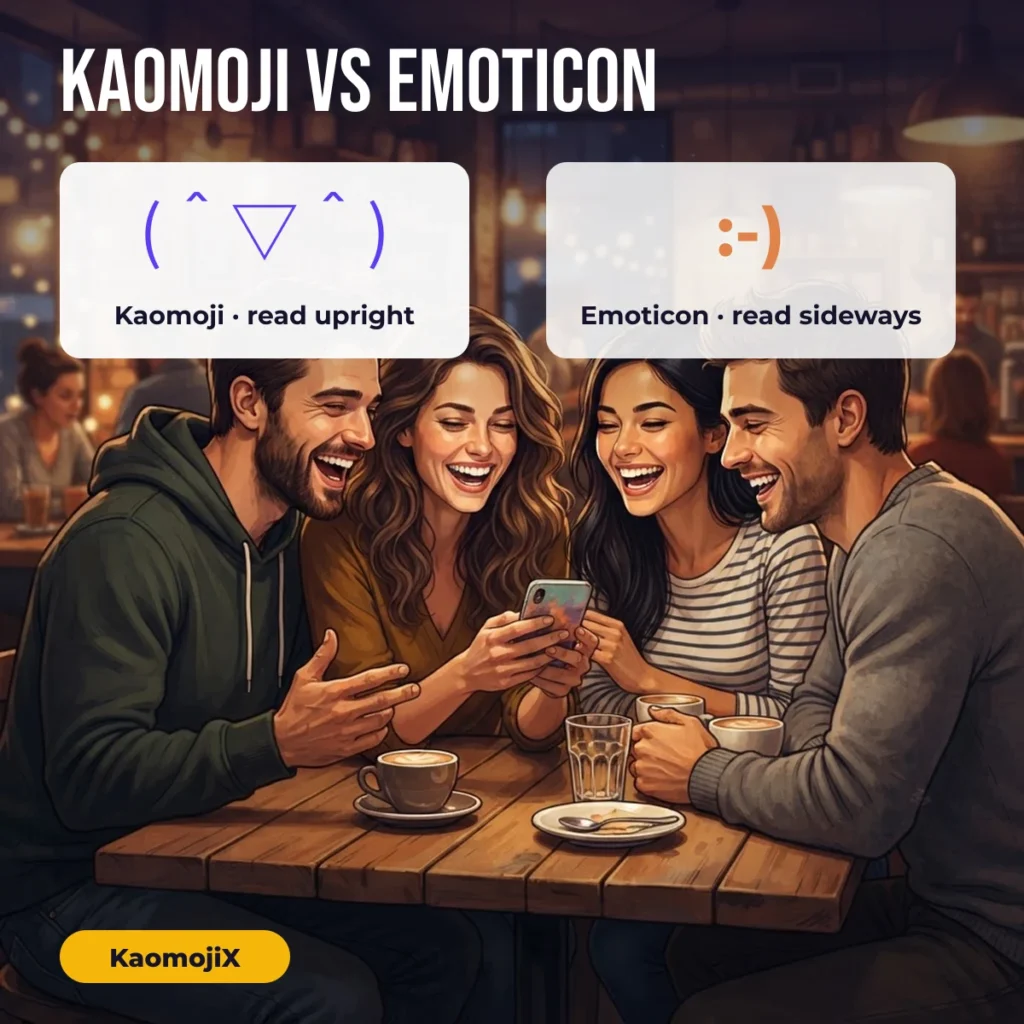 Kaomoji vs emoticon: (＾▽＾) is read upright while :-) is read sideways